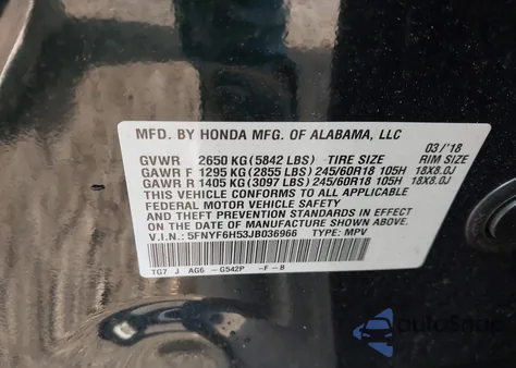 2018 Honda Pilot Ex-L z USA, uszkodzony, nr VIN 5FNYF6H53JB036966